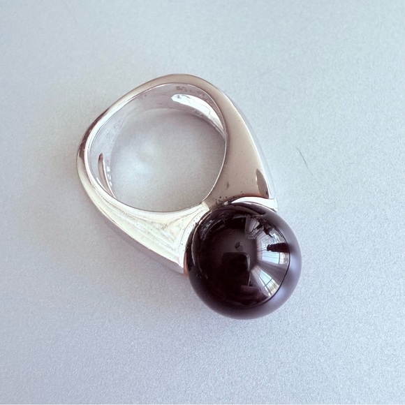 Modernist Black Onyx Sphere Ball Sterling Silver Ring TD Designer - Picture 5 of 15